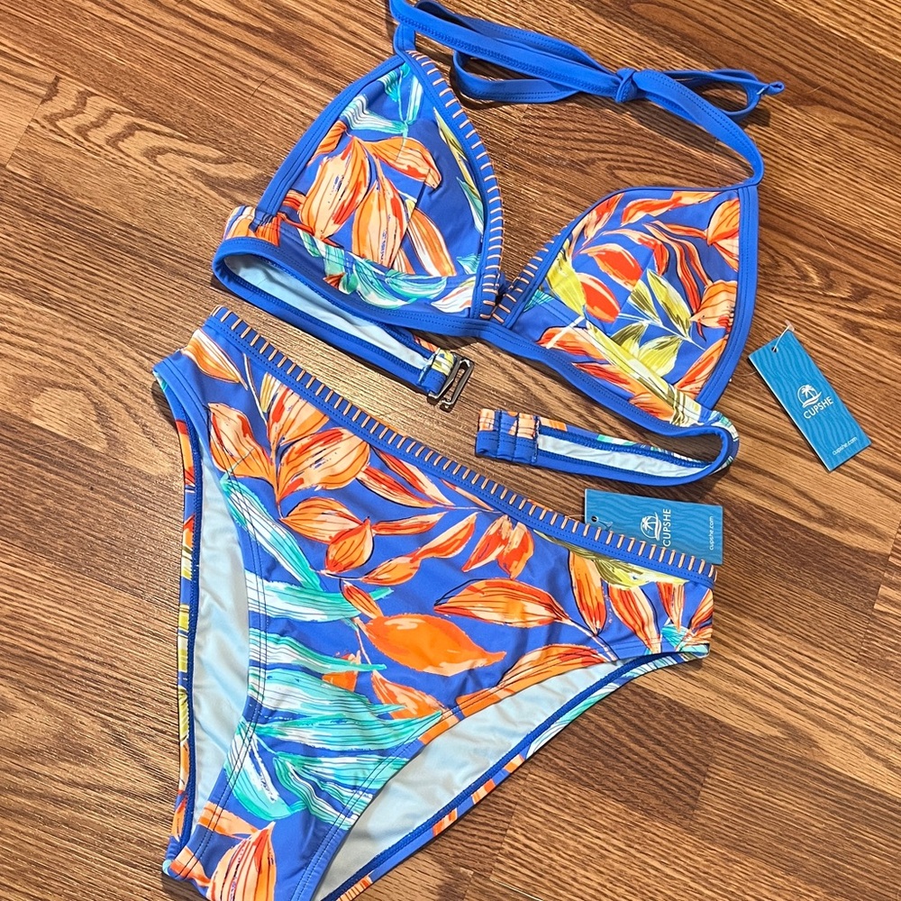 Cupshe Tropical Blue and Orange Bikini Set